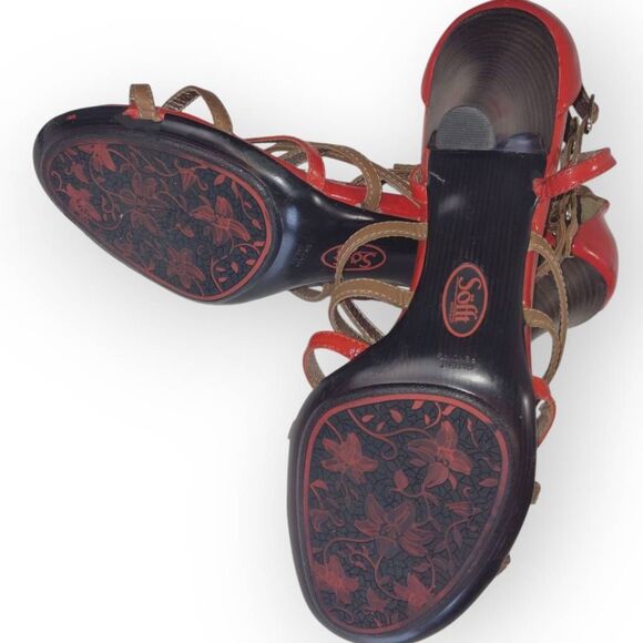 Sofft Womens Heels Sz 11 Red Tan Strappy Buckles‎ 3" High Patent Leather Comfort - Picture 13 of 13